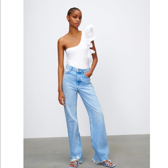 Zara Tops - Zara white Ruffle Asymmetric Bodysuit